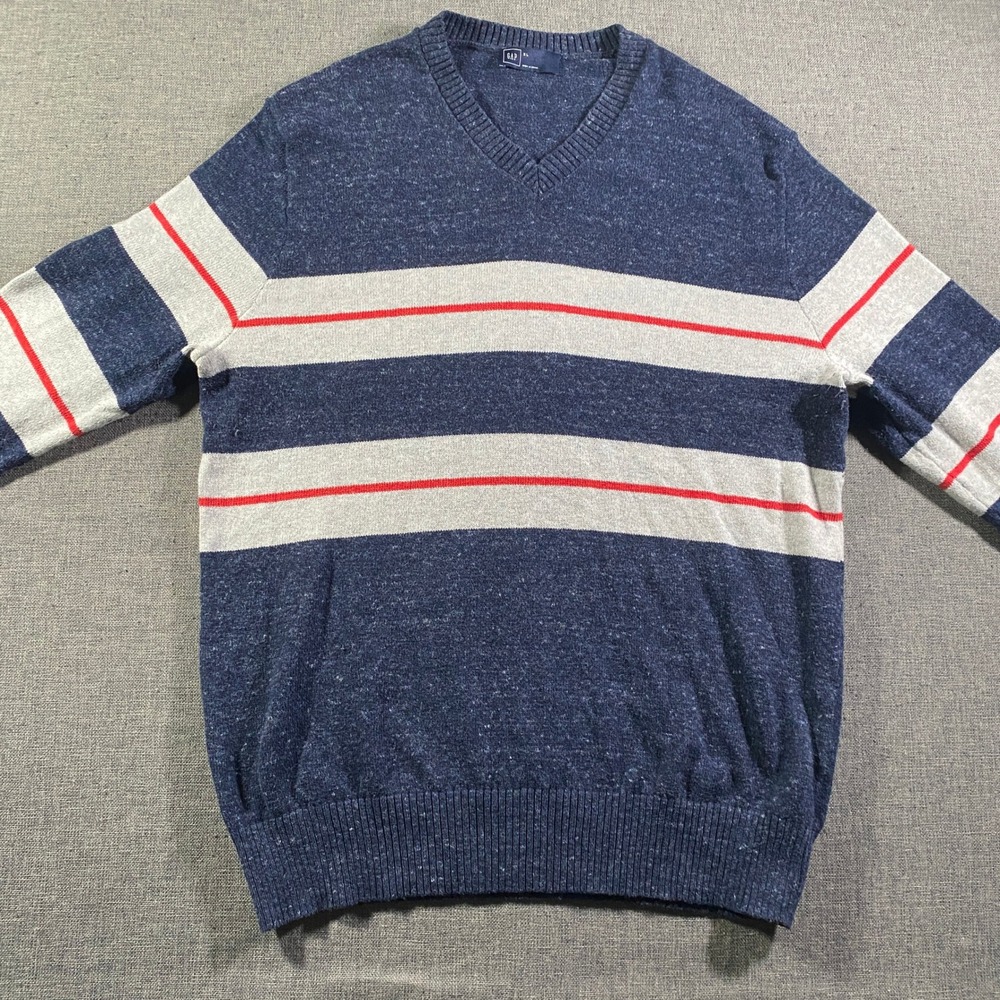 GAP Men's V-Neck Striped Sweater Size XL Blue Gray Red Casual Pullover